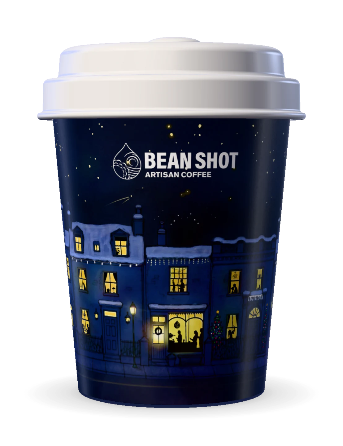 Bean Shot Christmas takeaway cup painted with a snowy street at night