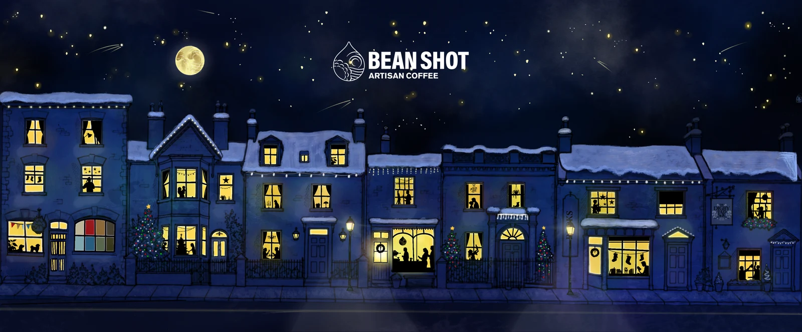 The Bean Shot Christmas cup artwork, unrolled: a snowy street of shopfronts, lamplit windows and rooftops under a full moon, with Bean Shot’s shopfront in the middle and The Artist Studio’s coloured window at the end.