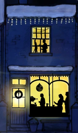 Bean Shot’s shopfront in the cup illustration: warm windows, a snowy sill and customers at the counter.