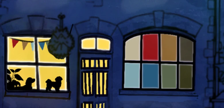 The Artist Studio’s painted shopfront on the cup: a lit window with bunting and two dogs, the front door, and the studio’s coloured arched window.